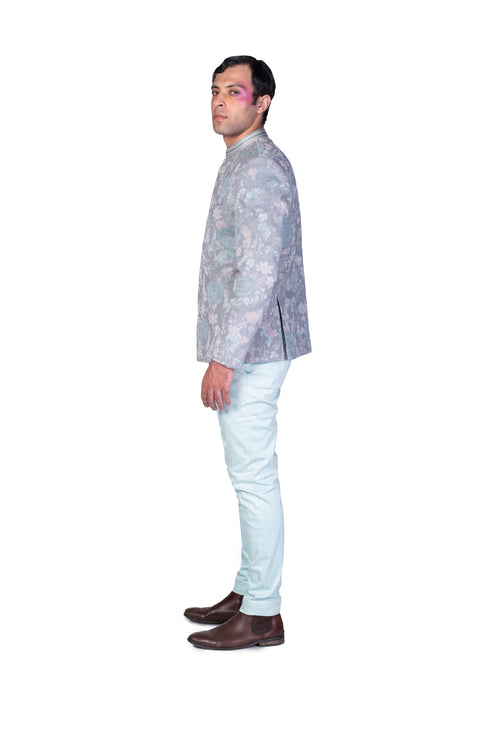 Threadwork Grey bandhgala with mint shirt and pants